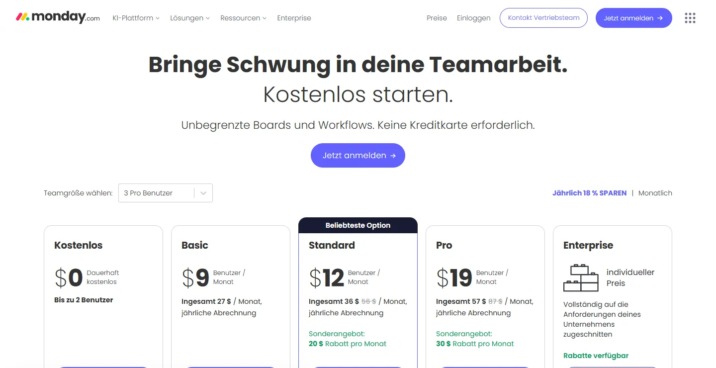 Preisübersicht der fünf monday.com-Pläne, Stand Juni 2026